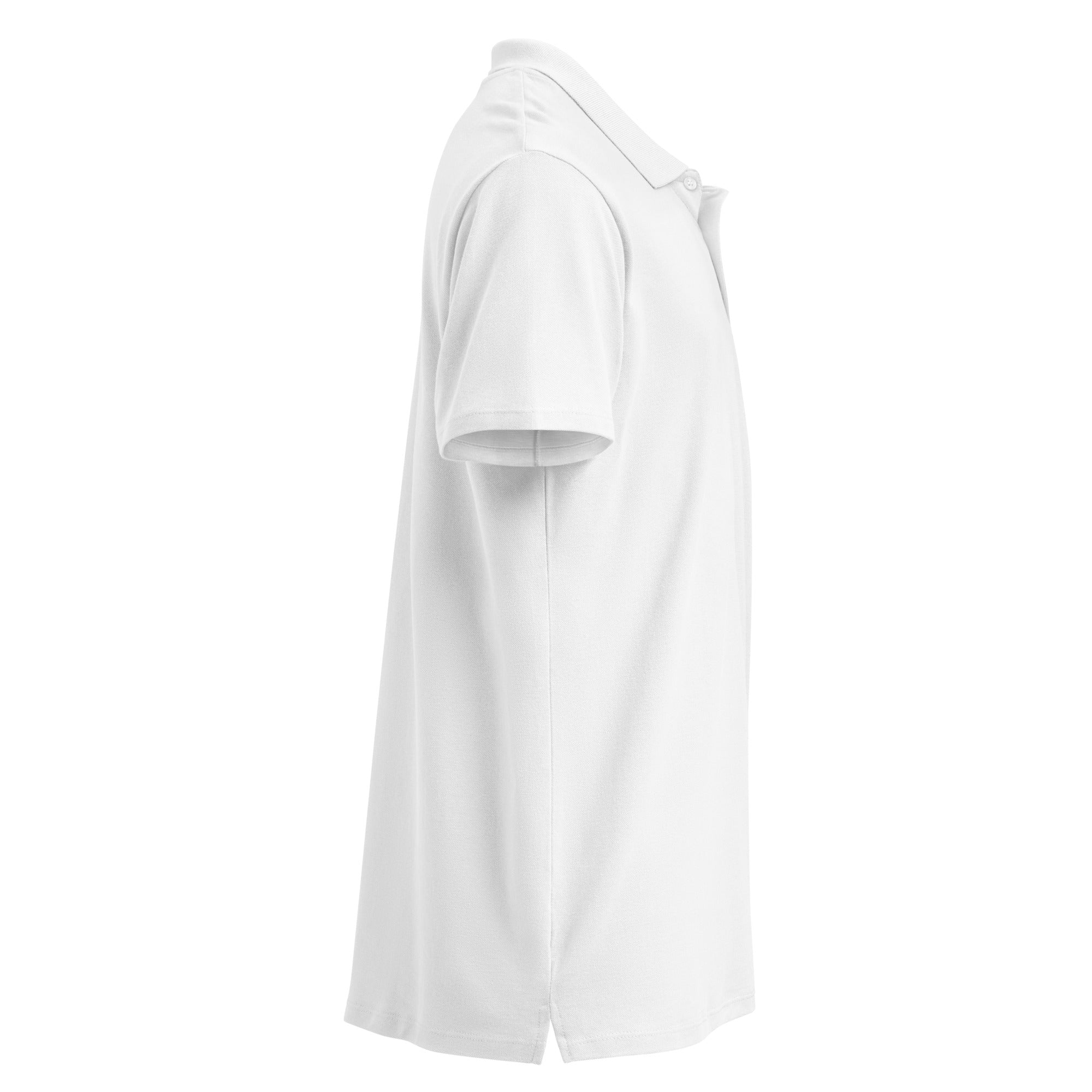 White premium pique polo shirt with printed handpainted artwork right side view
