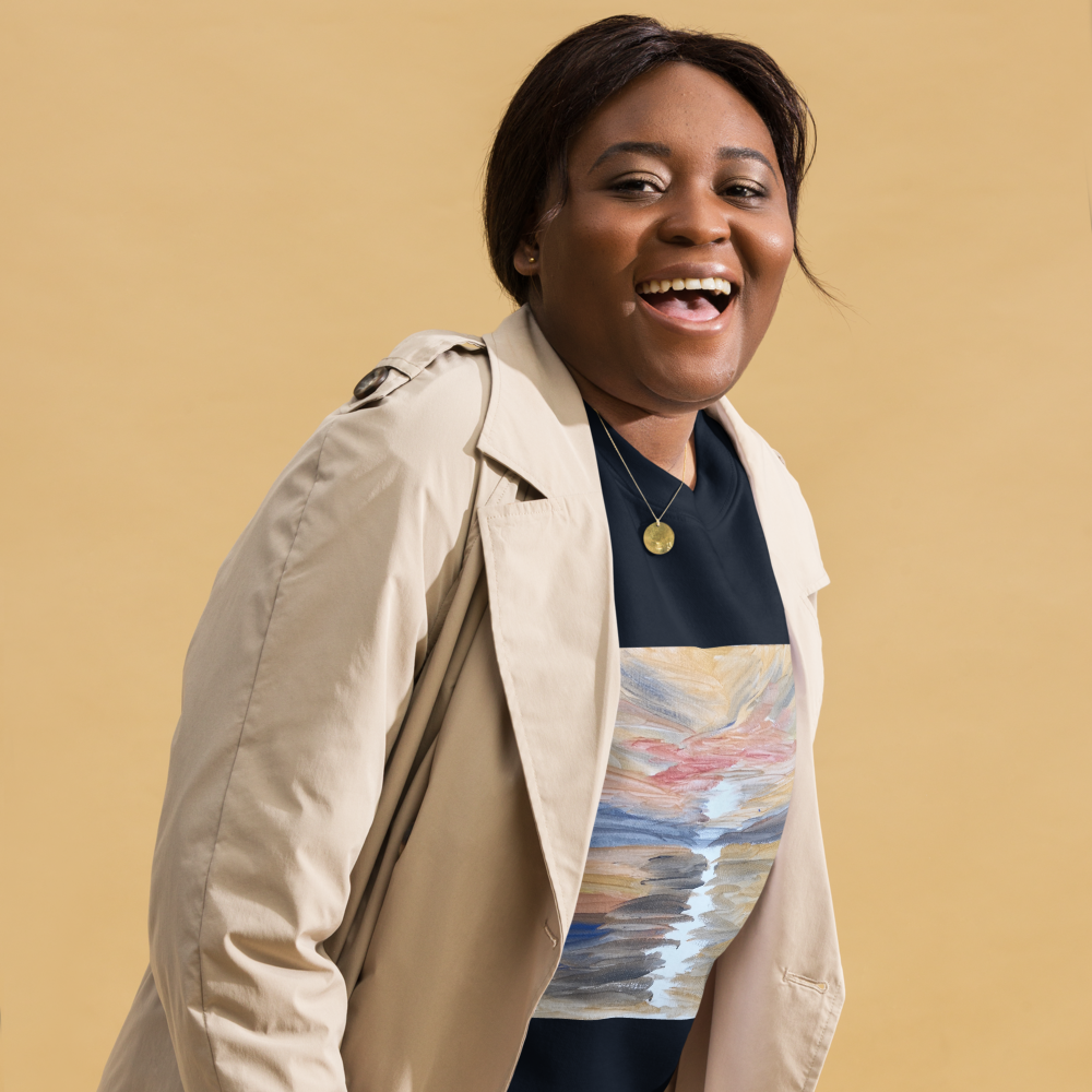 Unisex premium sweatshirt in navy blazer with printed handpainted artwork - front view
