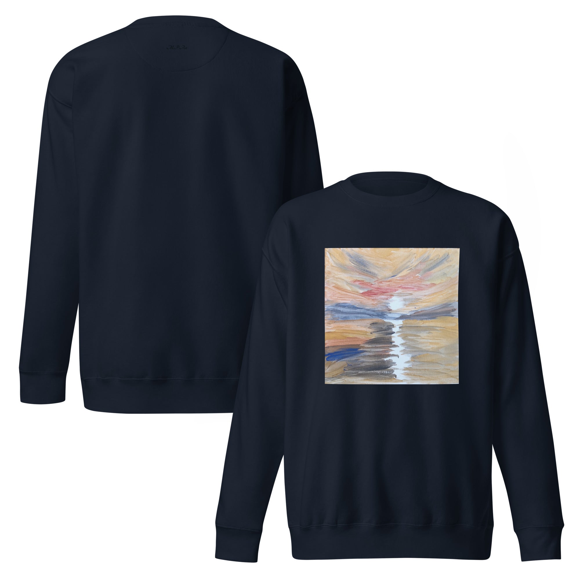 Unisex premium sweatshirt in navy blazer with printed handpainted artwork - front and back view

