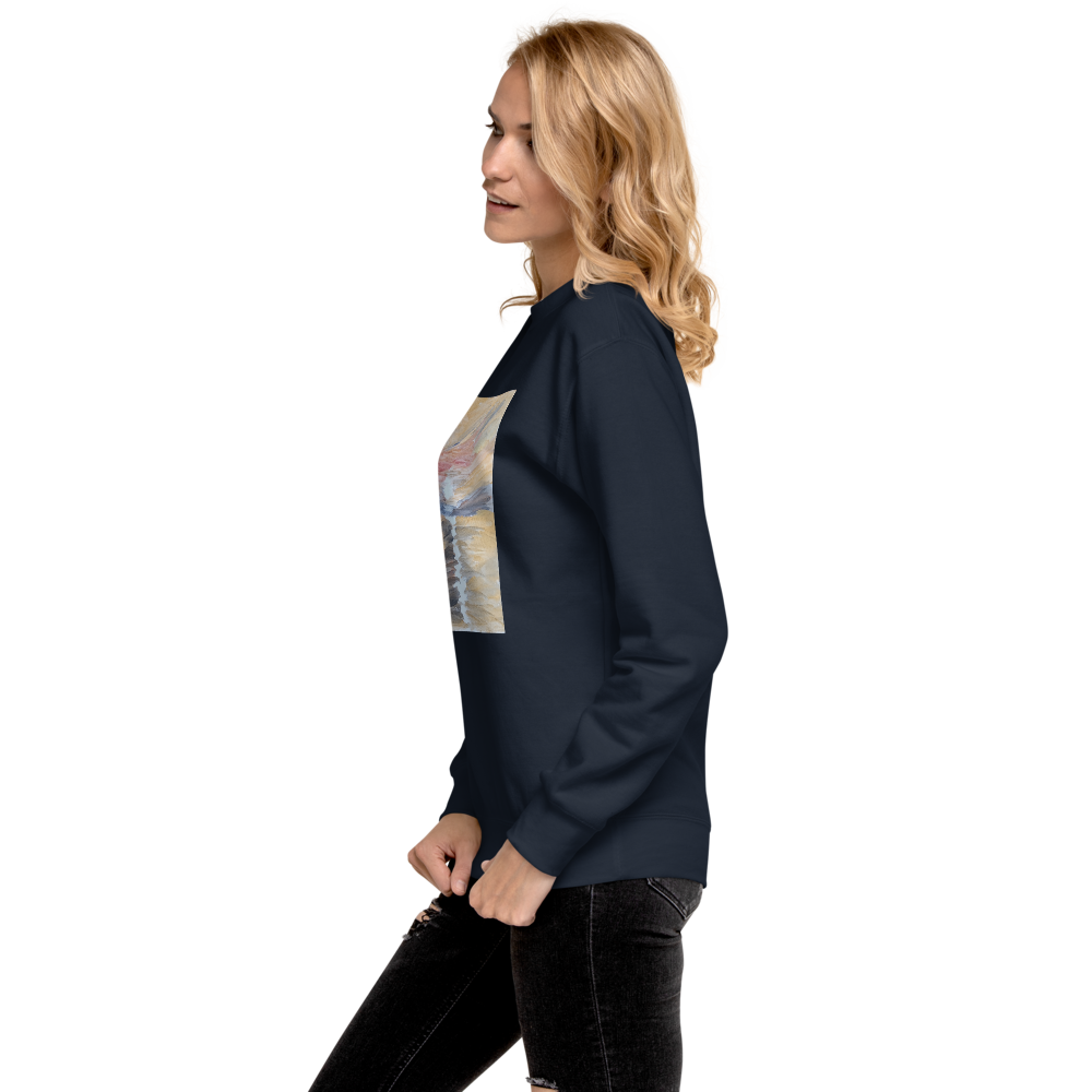 Unisex premium sweatshirt in navy blazer with printed handpainted artwork - left side view
