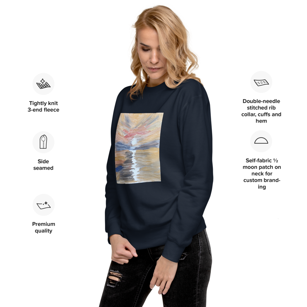 Unisex premium sweatshirt in navy blazer with printed handpainted artwork - left front view
