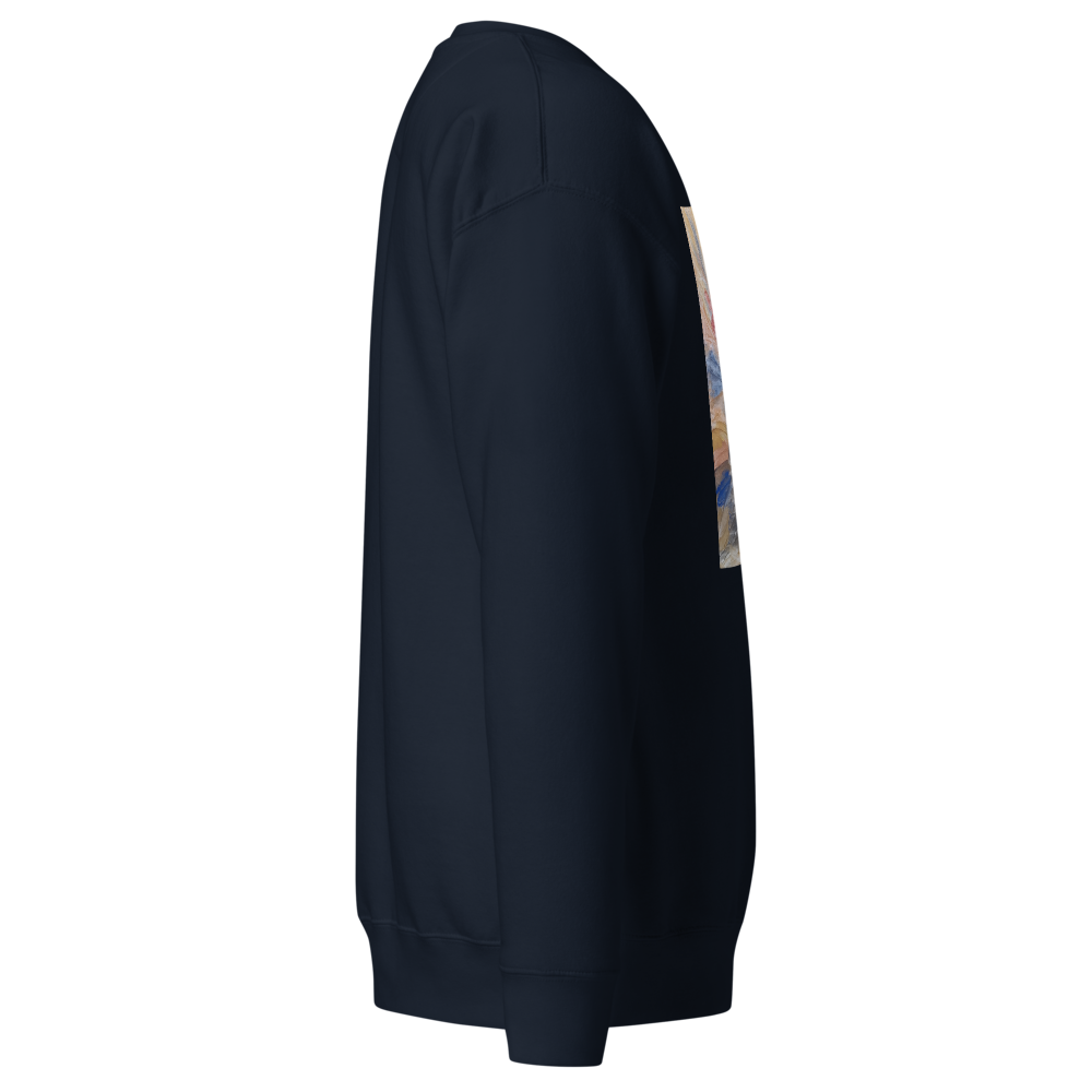 Unisex premium sweatshirt in navy blazer with printed handpainted artwork - right side angle
