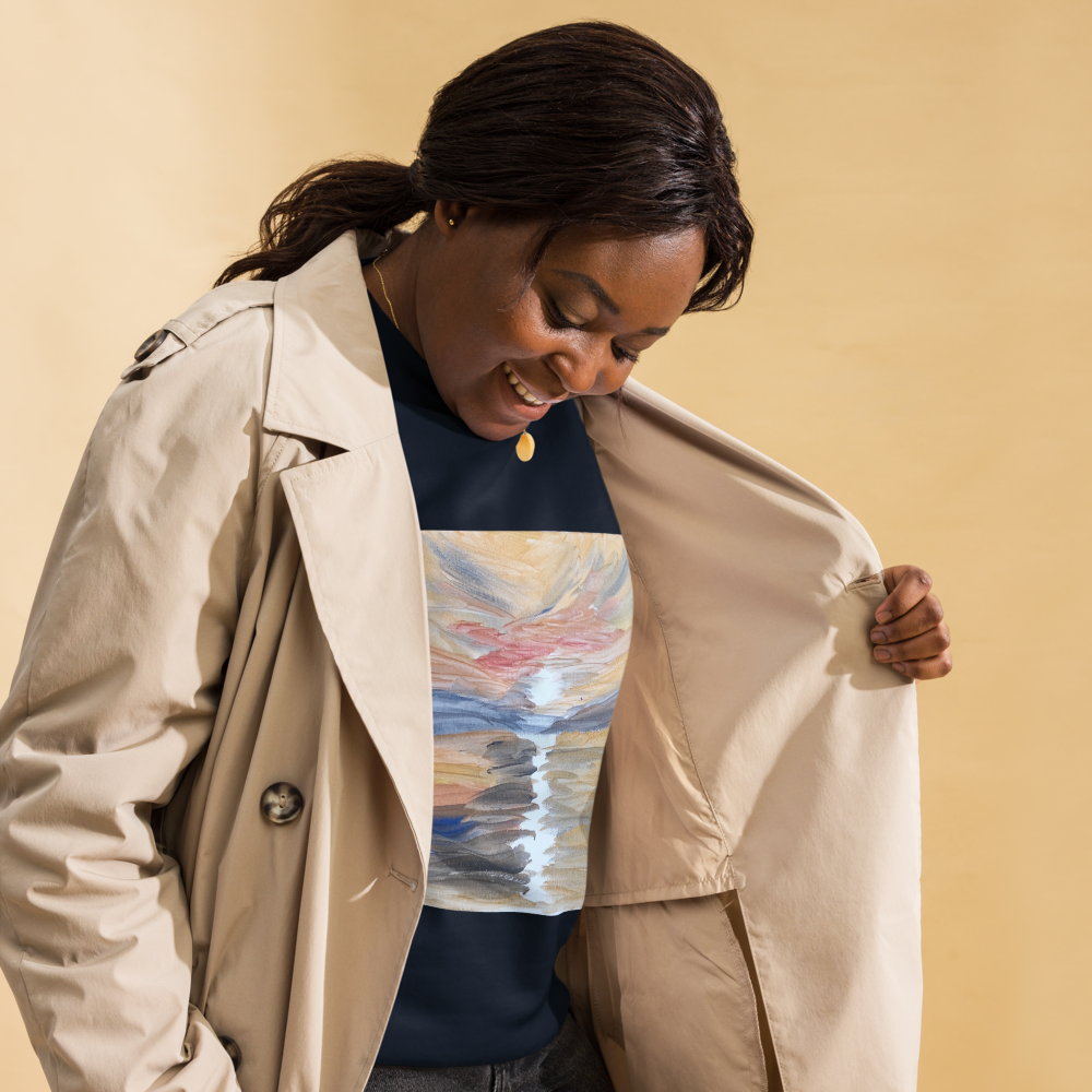 Unisex premium sweatshirt in navy blazer with printed handpainted artwork - right front angle
