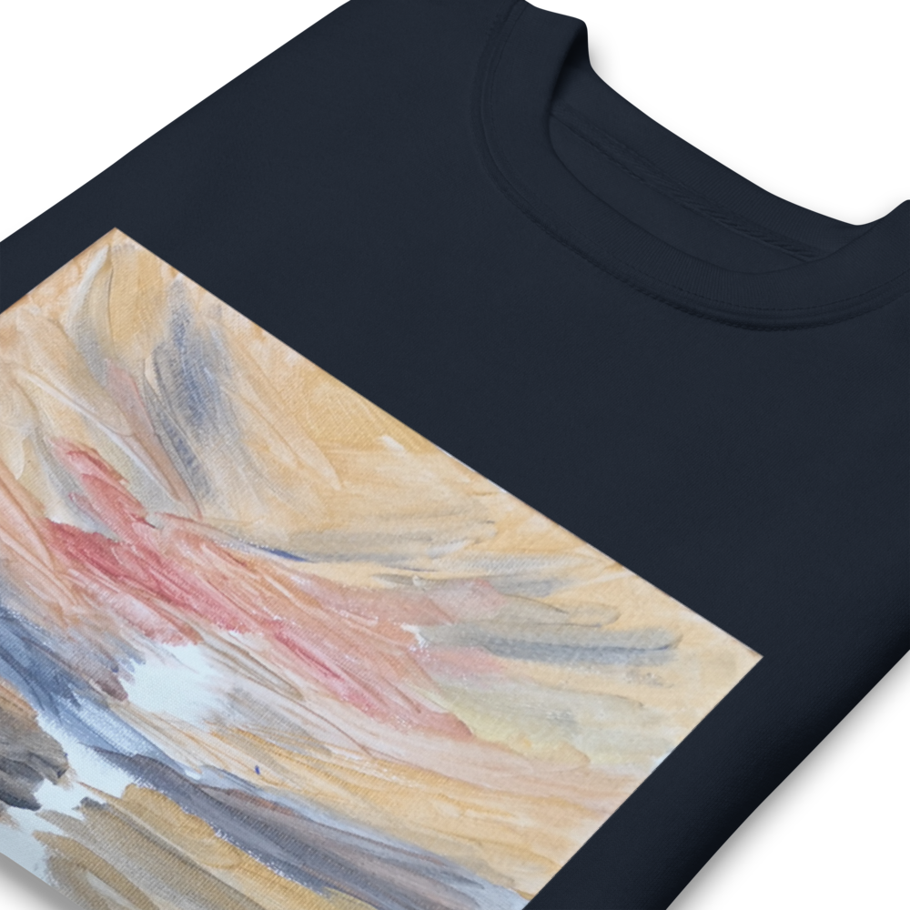 Unisex premium sweatshirt in navy blazer with printed handpainted artwork - detail close-up
