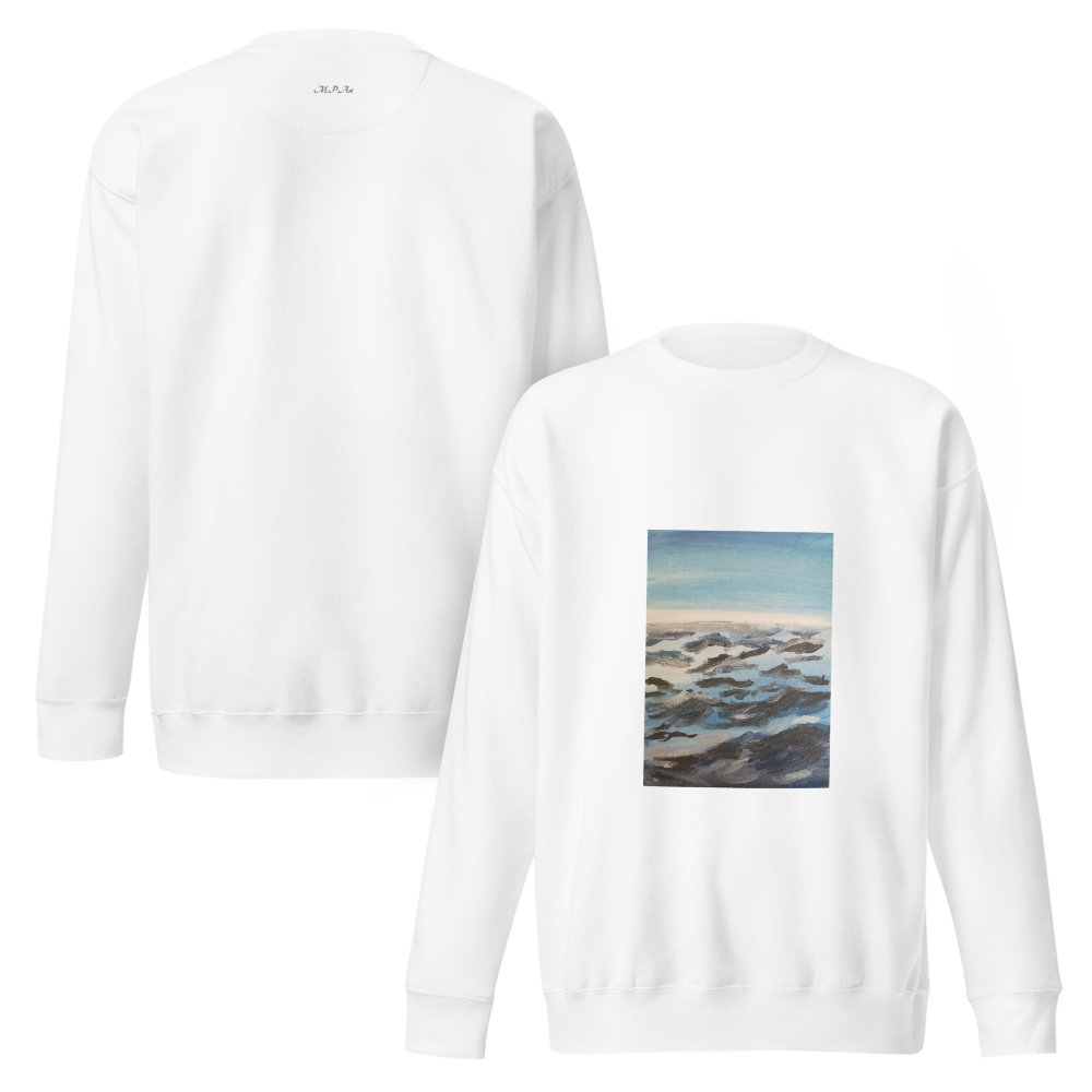White unisex premium sweatshirt with printed handpainted artwork front and back view
