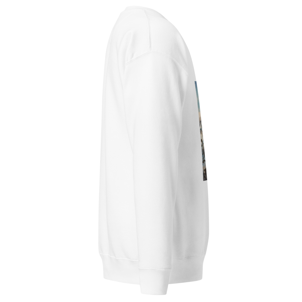 White unisex premium sweatshirt with printed handpainted artwork right side view
