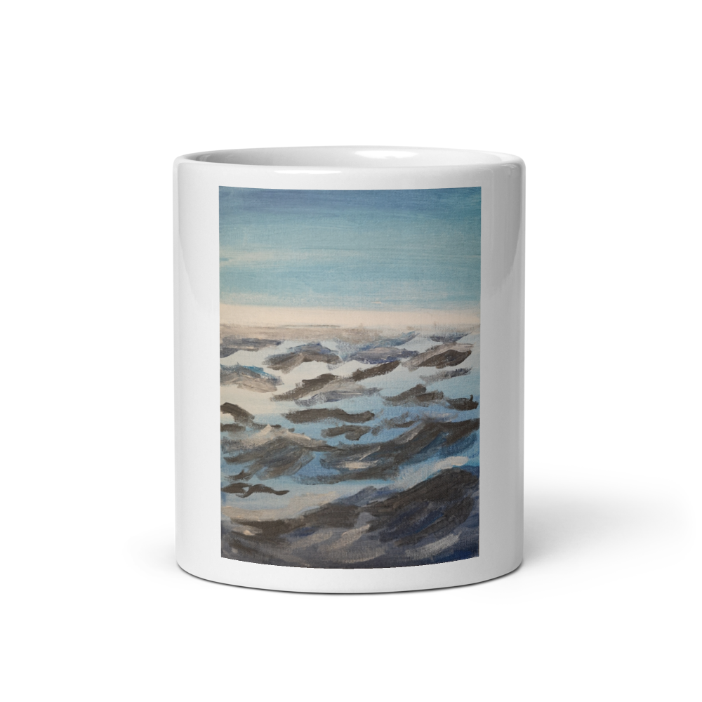 White glossy mug 11 oz with printed handpainted artwork front view
