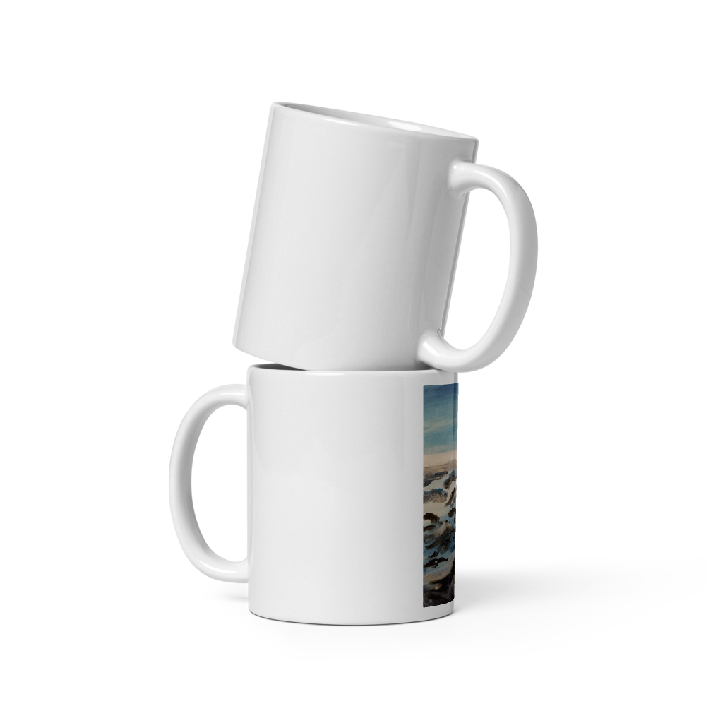 White glossy mug 11 oz with printed handpainted artwork front detail
