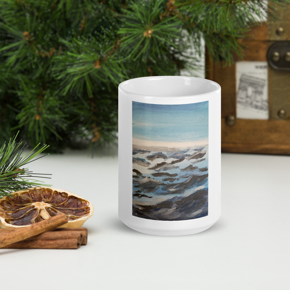 White glossy mug 15 oz with printed handpainted artwork front angle
