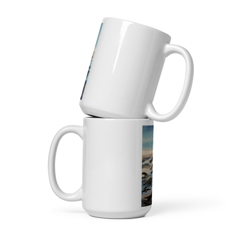 White glossy mug 15 oz with printed handpainted artwork front detail
