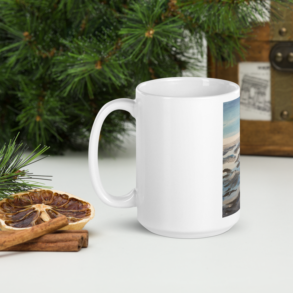 White glossy mug 15 oz with printed handpainted artwork handle on left
