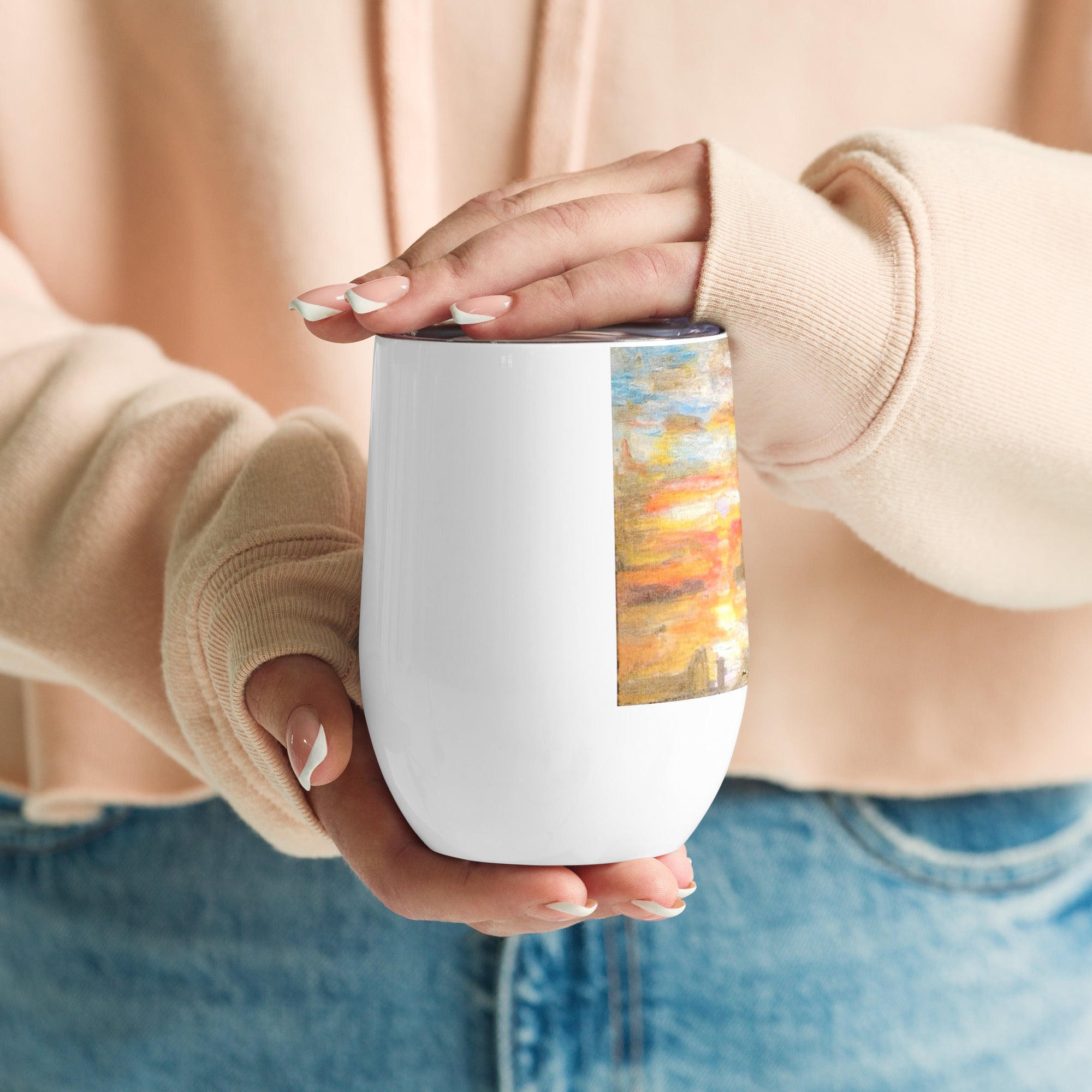 Wine tumbler 12oz white stainless steel right side view with printed handpainted artwork
