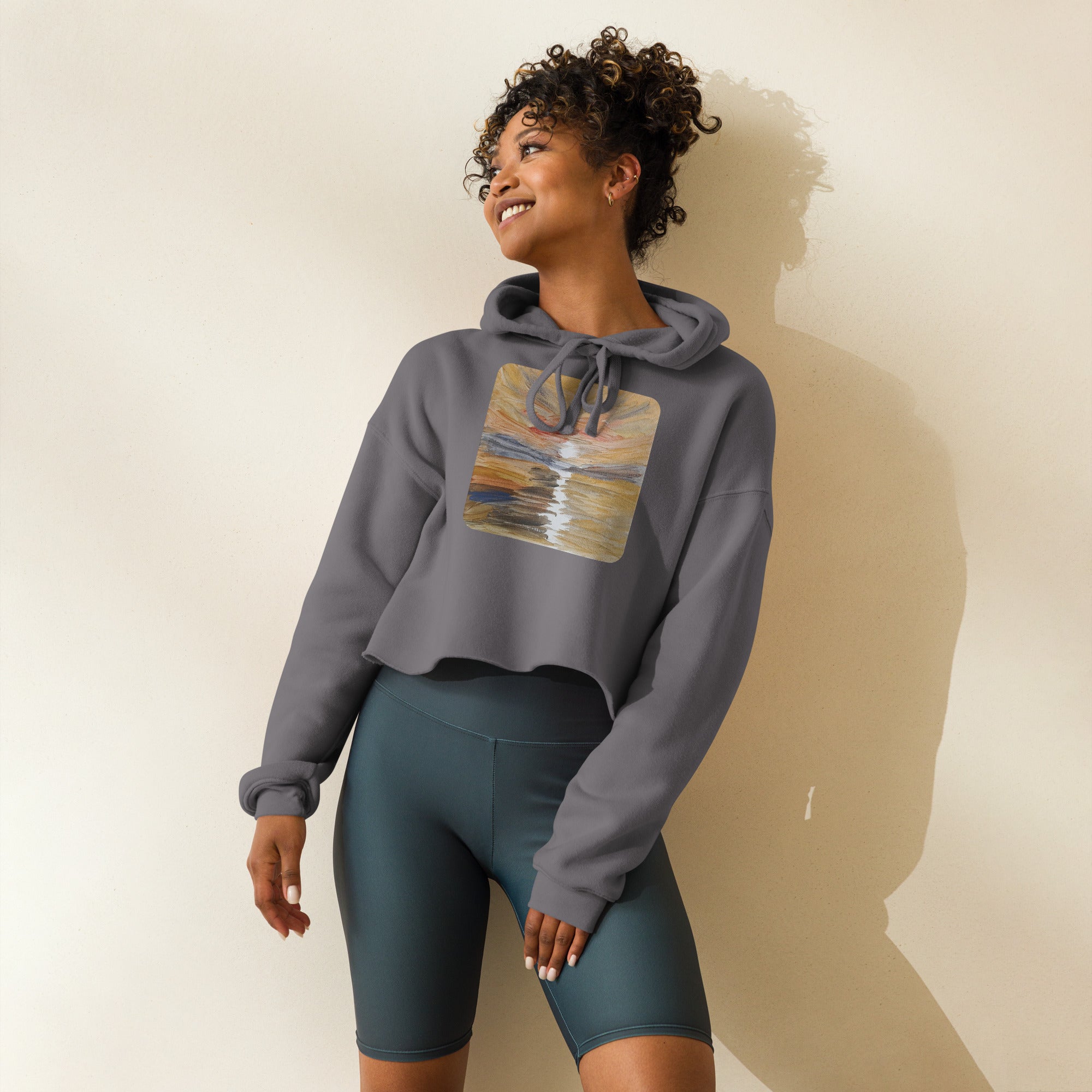 Crop hoodie storm grey with printed handpainted artwork front view
