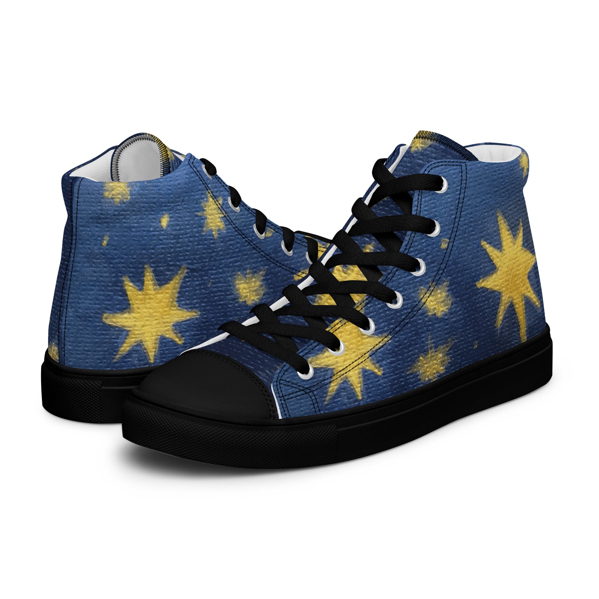 Women's high top canvas shoes in black, left side view with printed handpainted artwork
