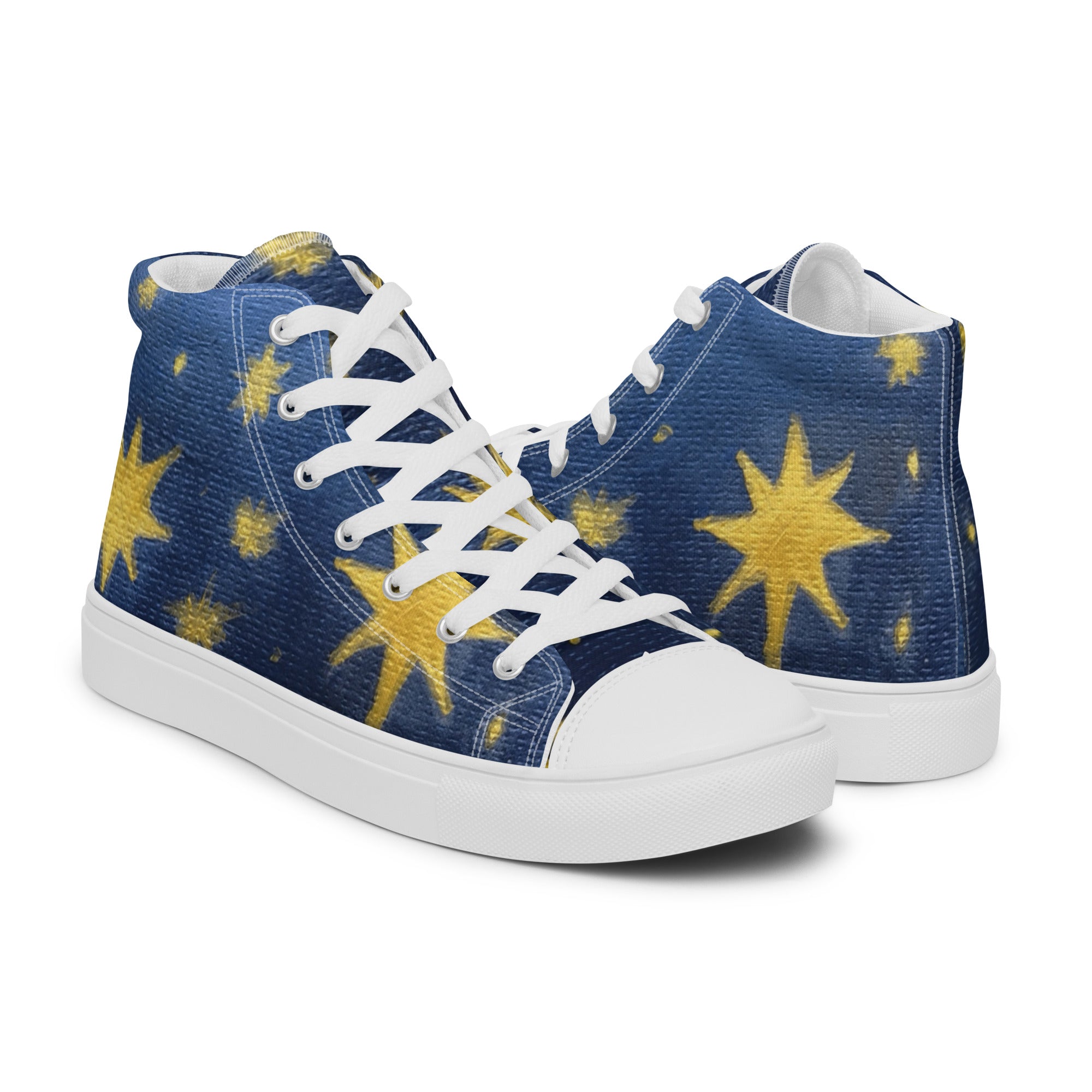 Women's high top canvas shoes in white, right side view with printed handpainted artwork
