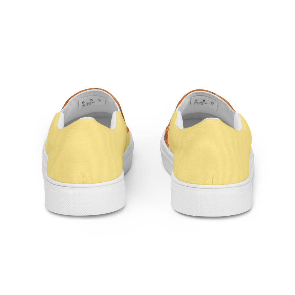 Women's slip-on canvas shoes in white with printed handpainted artwork - back view

