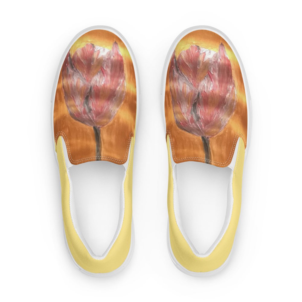 Women's slip-on canvas shoes in white with printed handpainted artwork - front close-up
