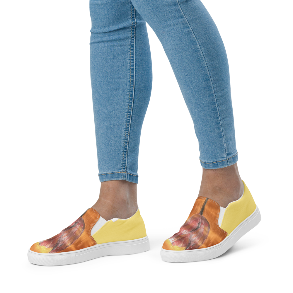 Women's slip-on canvas shoes in white with printed handpainted artwork - front lifestyle
