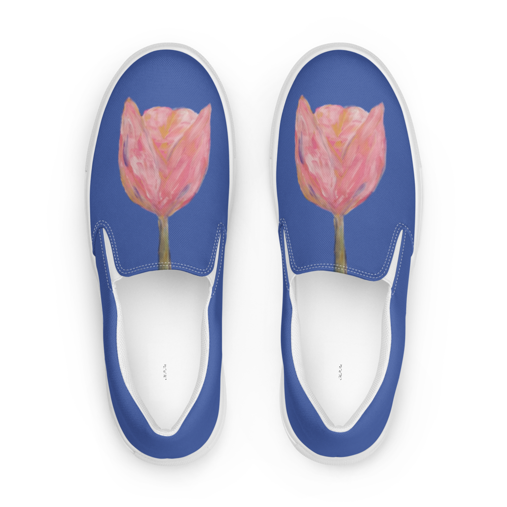 Women's slip-on canvas shoes with printed handpainted artwork - front close-up
