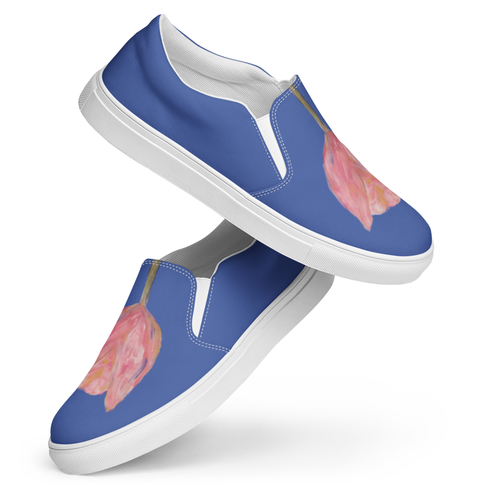 Women's slip-on canvas shoes with printed handpainted artwork - front perspective

