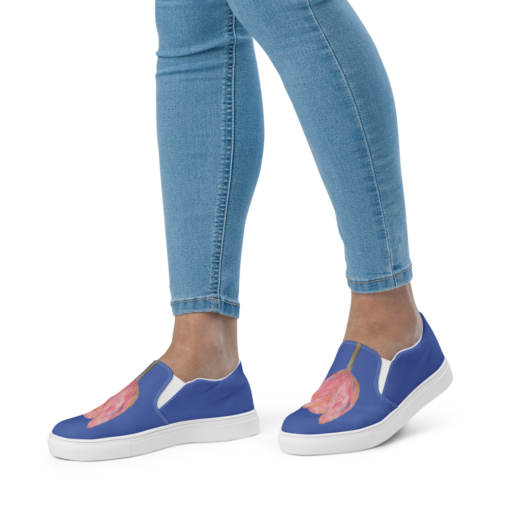 Women's slip-on canvas shoes with printed handpainted artwork - front top view
