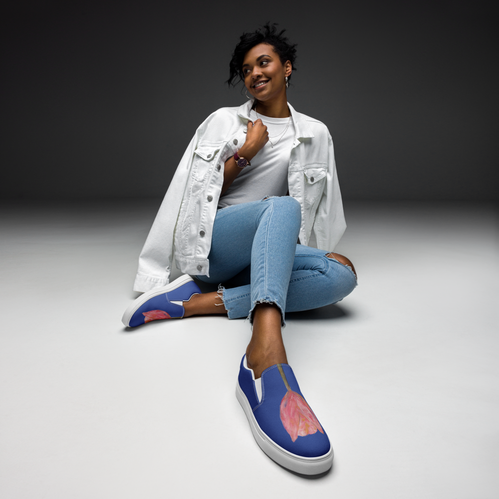 Women's slip-on canvas shoes with printed handpainted artwork - front angled view
