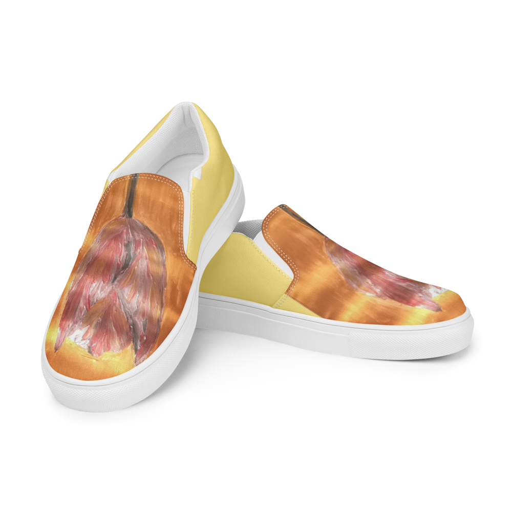 Women's slip-on canvas shoes in white with printed handpainted artwork - left side view

