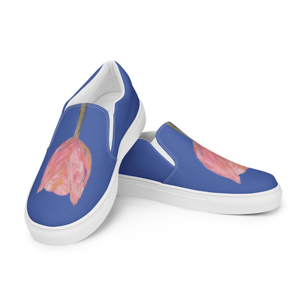 Women's slip-on canvas shoes with printed handpainted artwork - left front angle
