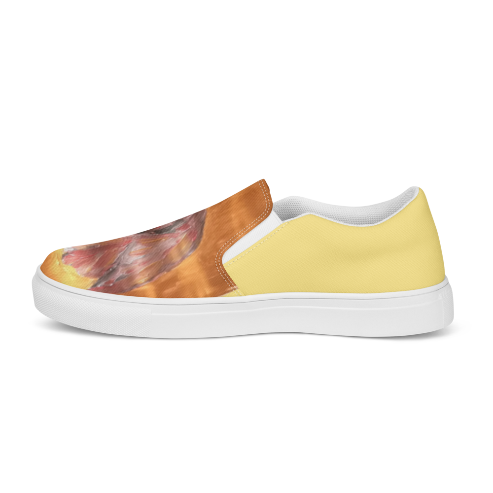 Women's slip-on canvas shoes in white with printed handpainted artwork - left outside view
