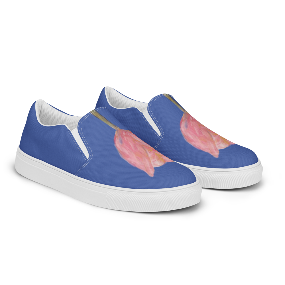 Women's slip-on canvas shoes with printed handpainted artwork - right front angle
